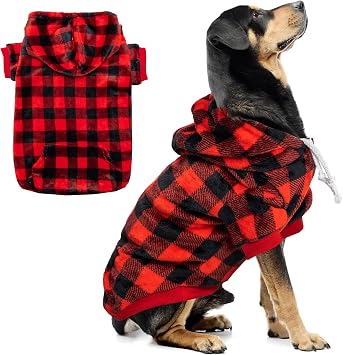 Dog Hoodie for Large Meidum Small Dogs, Winter Plaid Fleece Warm Hooded Dog Hoodies Christmas Pet Sweatshirt Clothes with Pockets for Cold Weather S-XXL