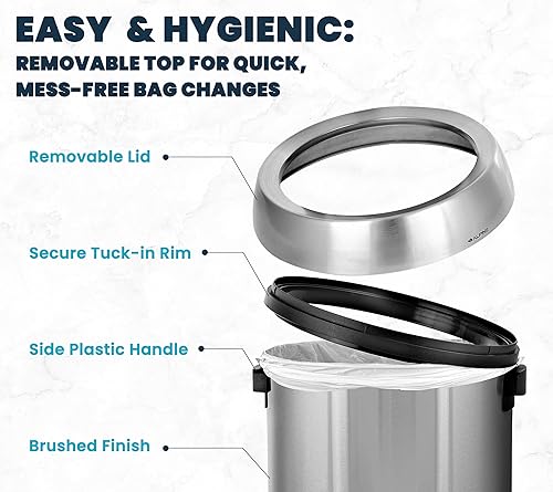 Miniatura 4 de Alpine - Cubo de basura de acero inoxidable de 17 galones, grado comercial, resistente a la corrosión, acabado cepillado, gran capacidad para el