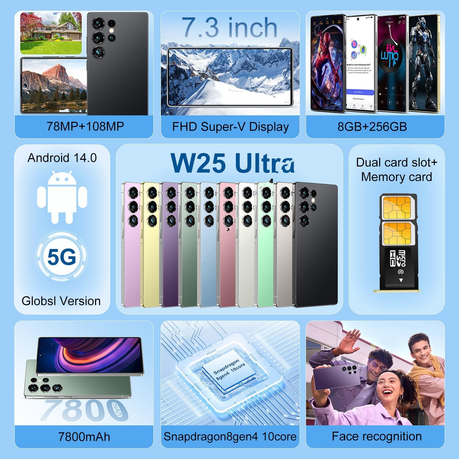 W25 Ultra Cell Phone,8GB+256GB 7.3",Android 5g Unlocked Smartphones,Cell Phone with S Pen,72MP+108MP Zoom Camera,7800mAh,Face ID/Dual SIM Phone+Gift128GB Memory Card (Titanium Gray) image 5 of 9 B0DZNFSLY3