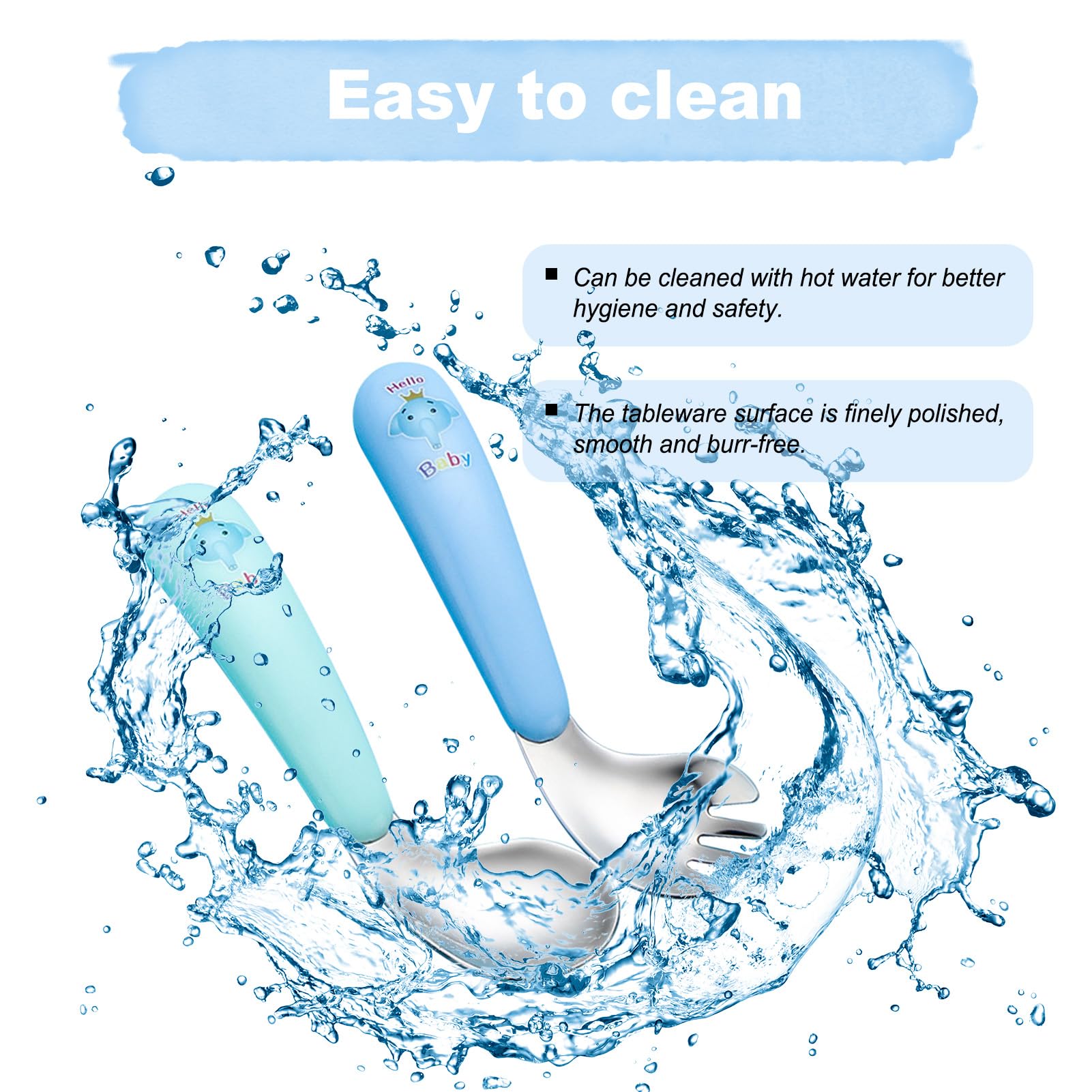 Cuillère d’Apprentissage et Fourchette,Couverts en Acier Inoxydable,Cuillère Courbée Ergonomique pour Apprentissage Autonome,Esslernbesteck Inox,Motif Éléphant,13 cm,Couverts Personnalisés