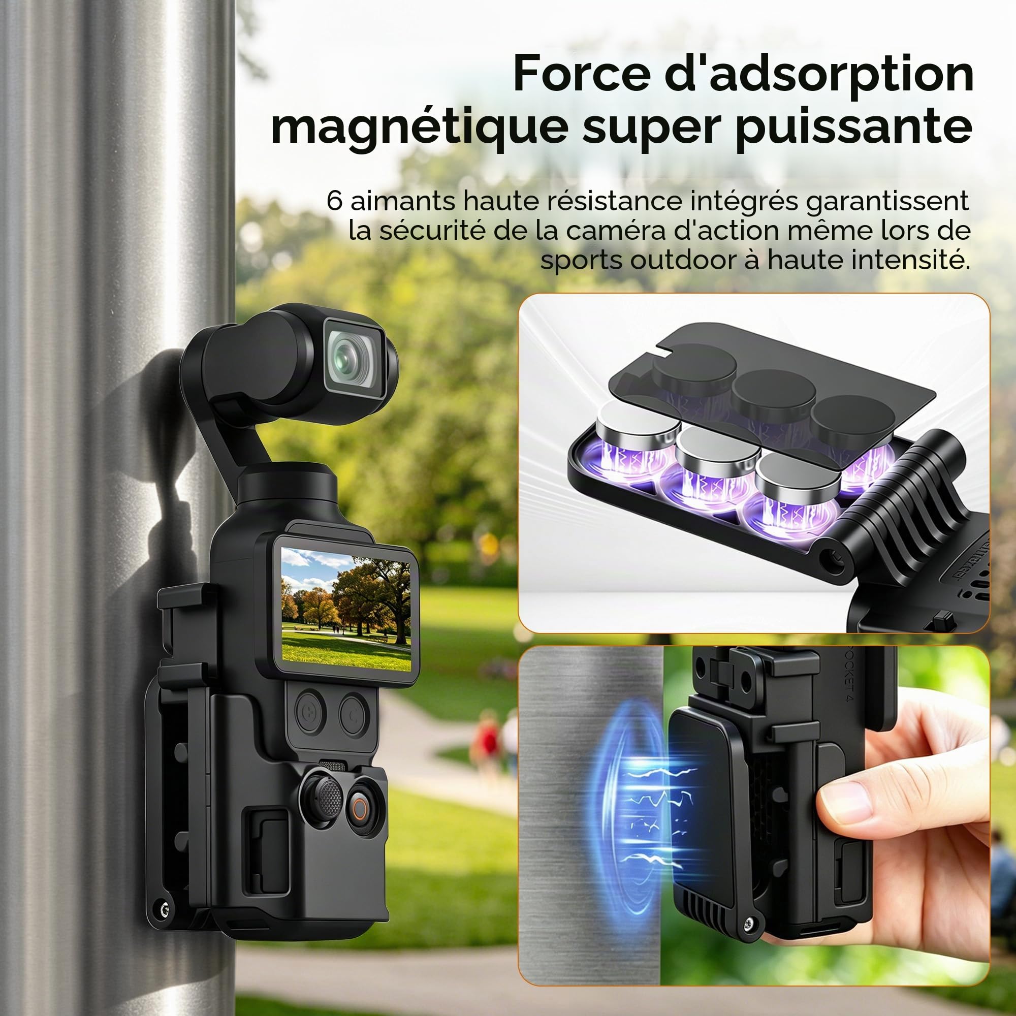 AMAZEAR Support magnétique pour DJI Osmo Pocket 4/3, Accessoire Pocket4/3, Adaptateur d'extension magnétique, Support de boîtier à succion Aimant sur Bureau, Surface Verticale, Ajustable à 180°