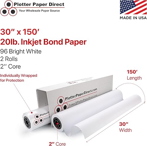 Miniatura 2 de Plotter Paper Direct (20 libras, sin recubrimiento, 2 rollos, núcleo de 2 pulgadas, 30 pulgadas x 150 pies) para impresión CAD en impresoras de
