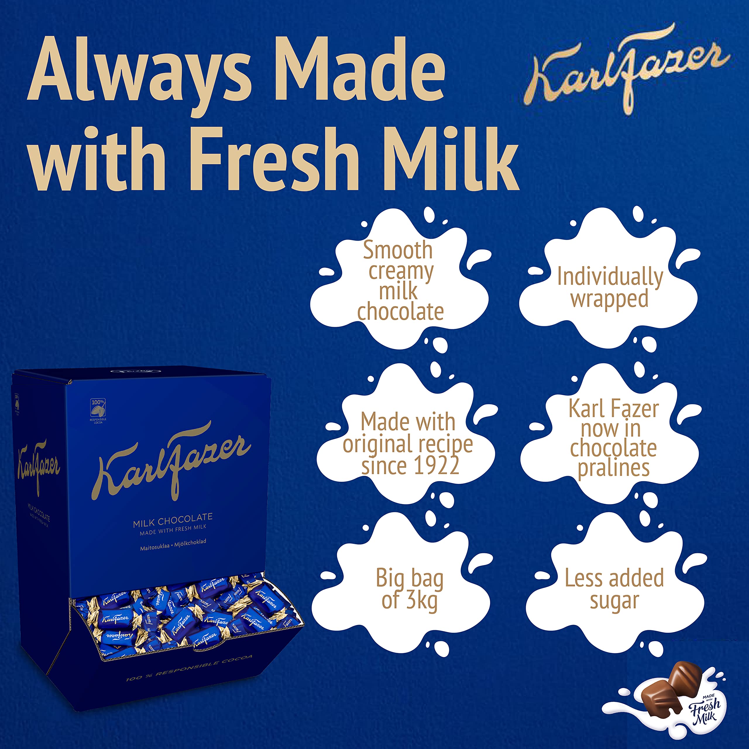 Karl Fazer Pralinen Schokolade Großpackung – Köstliche Vollmilchschokolade – Pralinen Einzeln Verpackt – Pralinen Geschenk – Mini Schokolade Einzeln Verpackt - 404 Stück | 3 kg