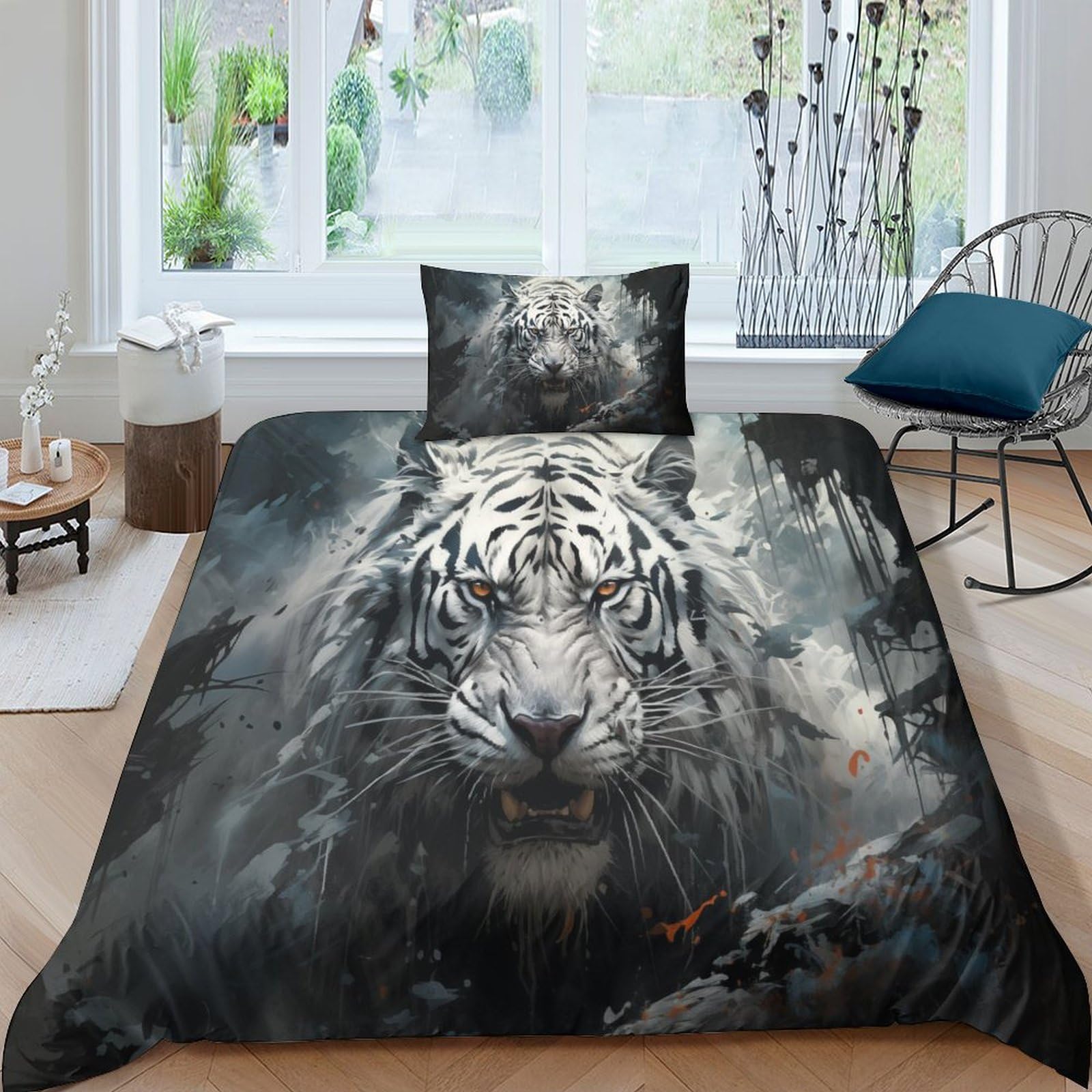 Housse de couette tigre blanc 3D 135x200cm en microfibre douce avec 2 taies d'oreiller pour lit simple