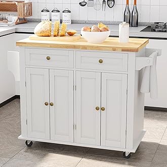 Rolling Kitchen Island – Movable Kitchen Carts on Wheels Island with Storage Cabinet, Island Table for Kitchen with Rubber Wood Top and Rack and Drawer, Matte, White