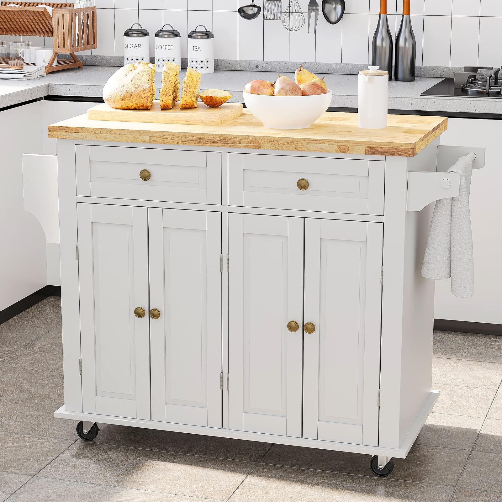 Rolling Kitchen Island – Movable Kitchen Carts on Wheels Island with Storage Cabinet, Island Table for Kitchen with Rubber Wood Top and Rack and Drawer, Matte, White