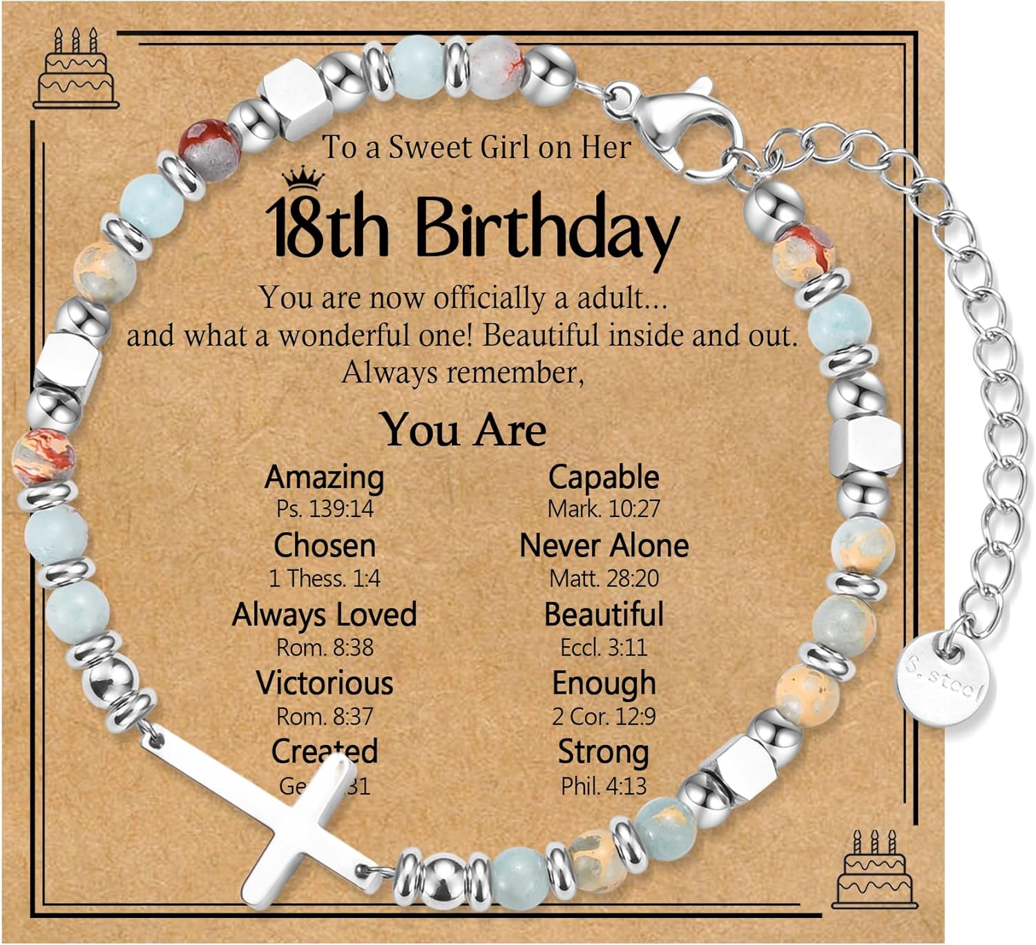 Happy Birthday Gifts for Girls, Christian Cross Beaded Bracelets as 6 7 8 9 10 11 12 13 14 16 18 21 Year Old Birthday Gift Ideas, Adjustable Cross Bracelet as Bday Gifts for Her Kids Teens