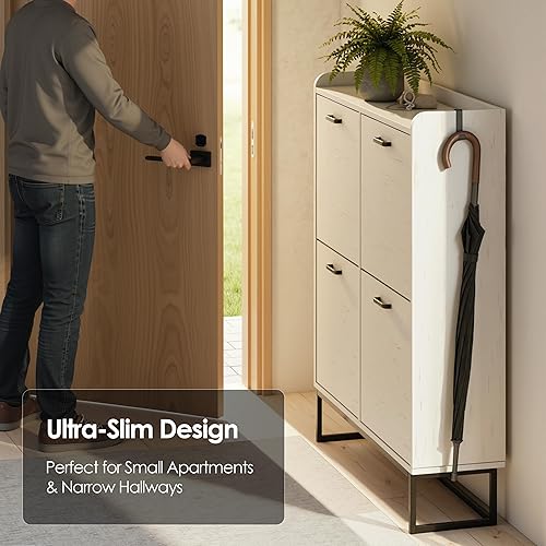 Miniatura 8 de Zapatero con 4 cajones abatibles, armario oculto de almacenamiento de zapatos para entrada, organizador de zapatos delgado independiente con