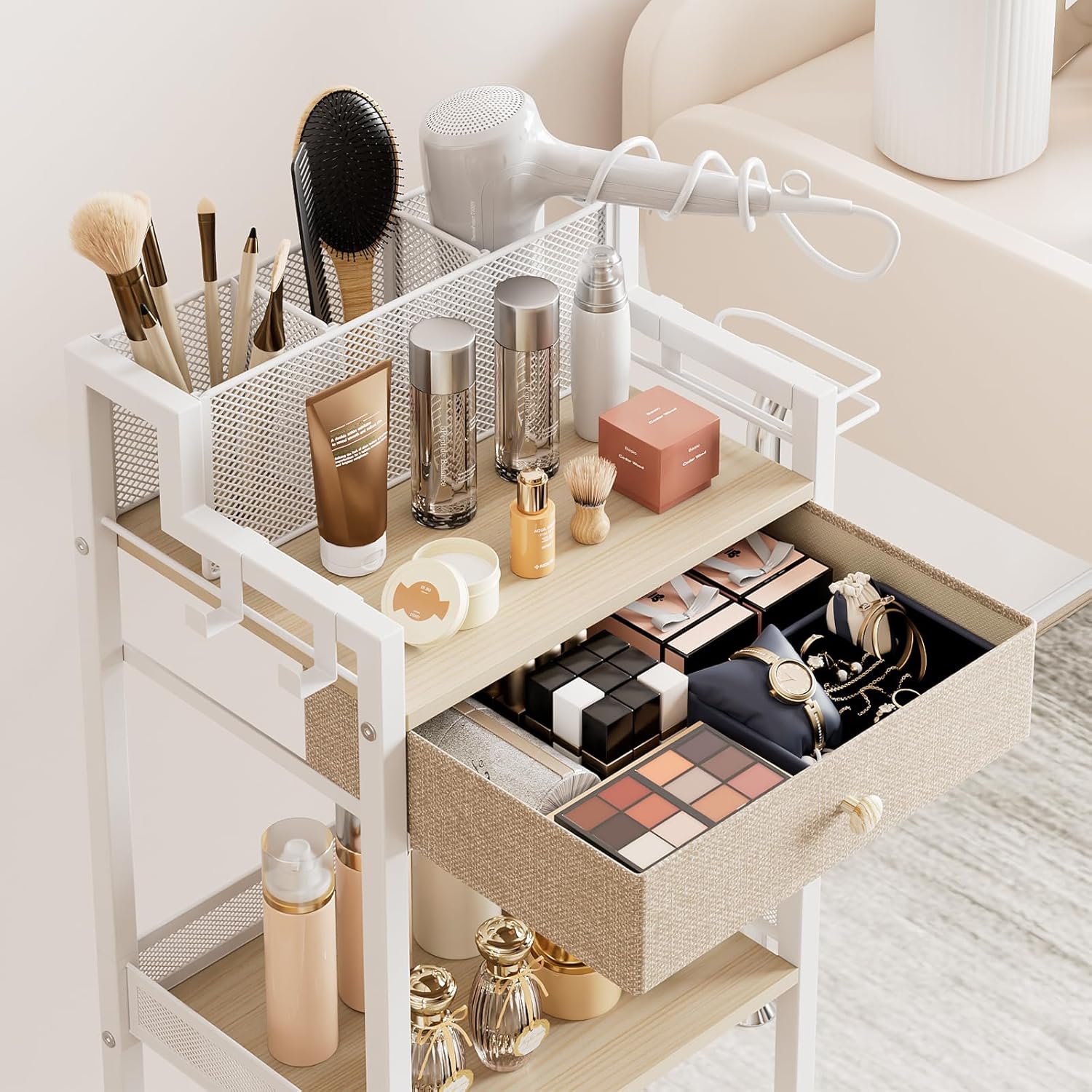 3 Tier Bathroom Shelf with Drawer, 12.8in Large Floor Makeup Organizers Cosmetics Display Cases Holder for Hair Tool, Skincare, Kitchen, Bathroom, Laundry Room Organization