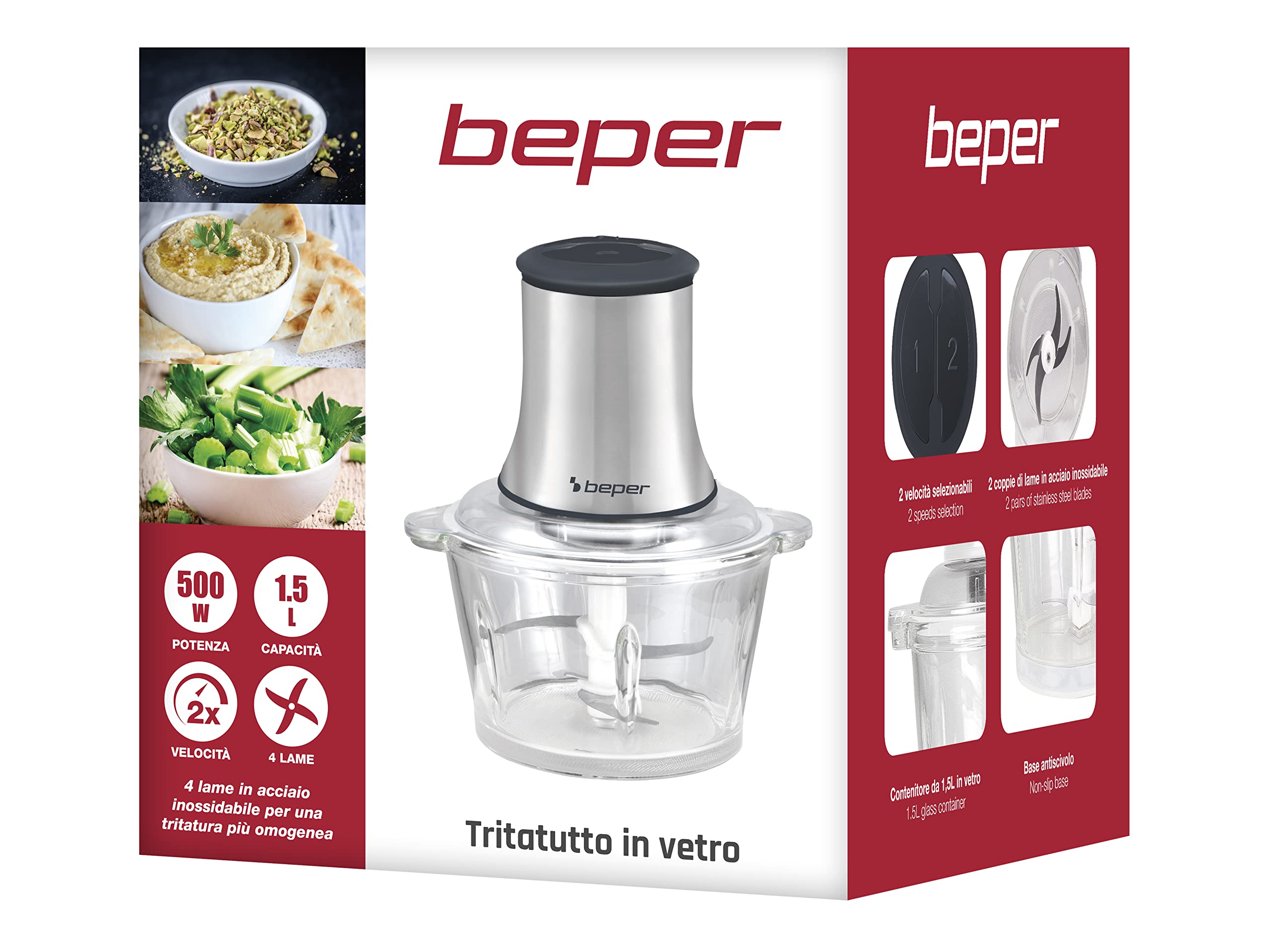 BEPER P102ROB001 Picador de vidrio, Recipiente de vidrio, Cuerpo Abs, Doble par de cuchillas de acero, 2 velocidades, Base antideslizante, Capacidad 1.5L, Gris/Negro