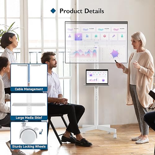 Miniatura 4 de Carrito móvil con ruedas para TV de 23 a 60 pulgadas, con pantalla plana y curvada LED, con ruedas de bloqueo, soporta hasta 55 libras, soporte