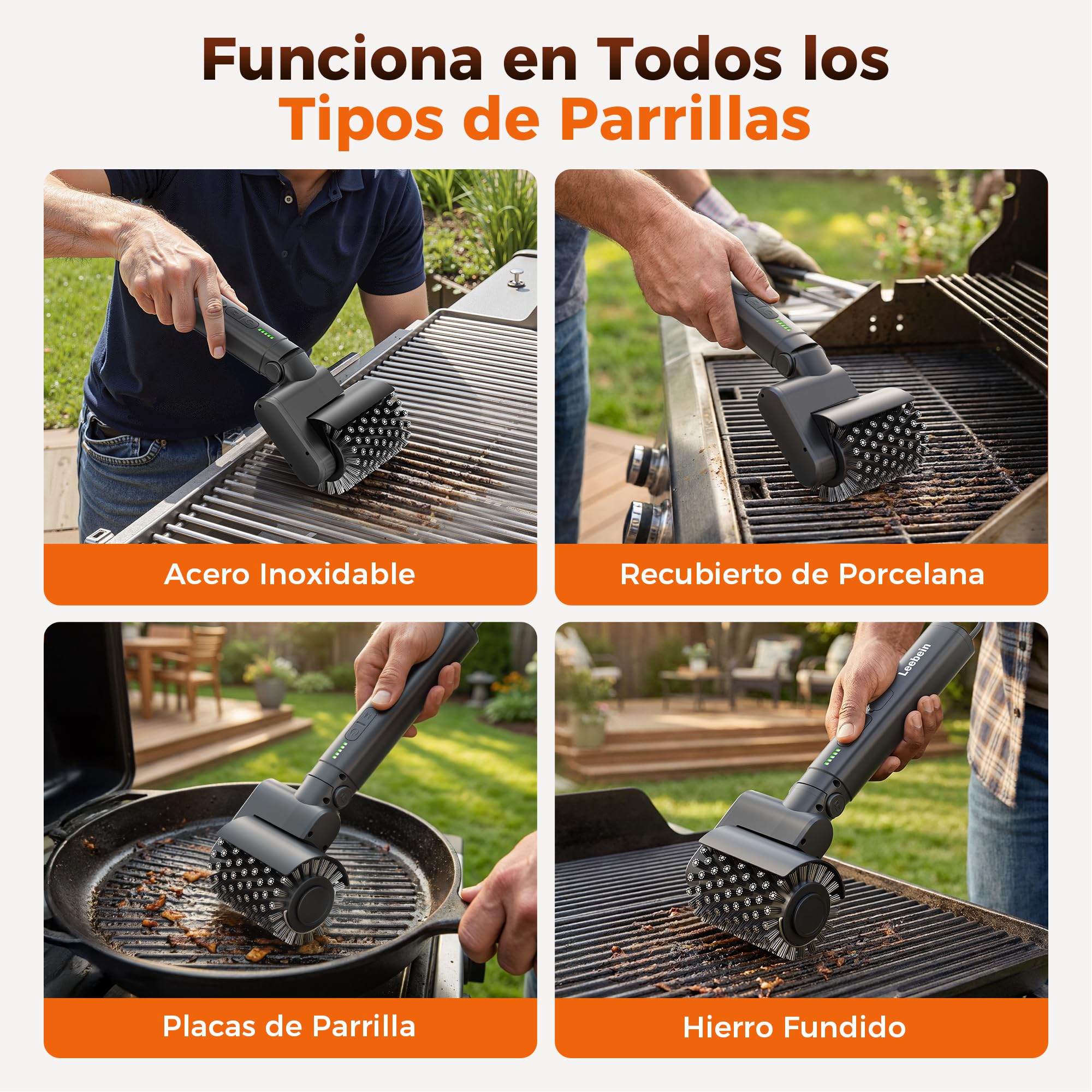 Leebein Cepillo Eléctrico para Barbacoa, 2026 Cepillo Electrico Limpieza Hogar 3 Velocidades & Ángulo Ajustable con 3 Cabezas, 150 Min de Autonomía, Resistente al Agua y Altas Temperaturas
