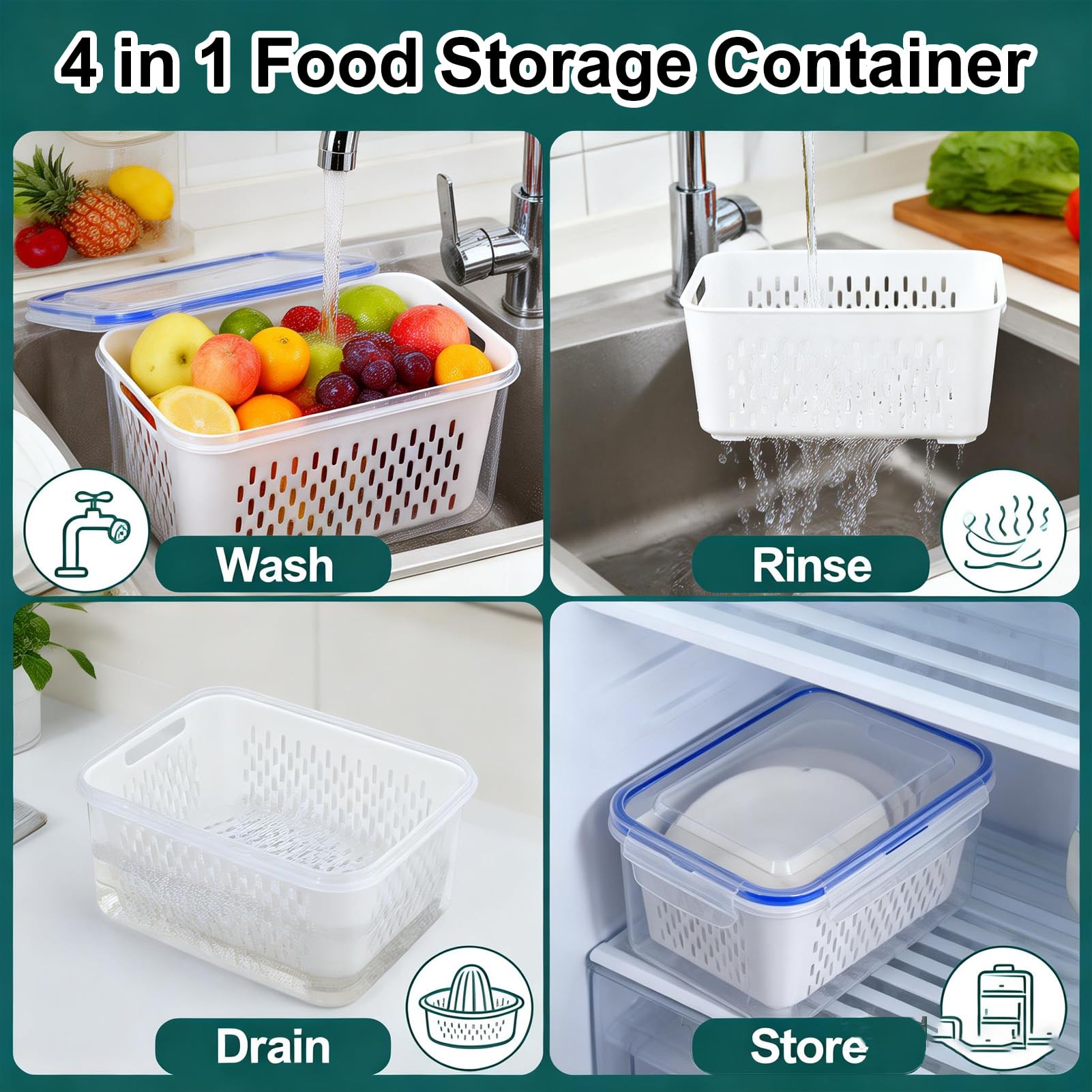 4 in 1 Food Storage Container, Household Transparent Plastic Food Storage Box-Including Drain Basket, Fruit Storages Containers for Fridge with Removable Colanders (Gray,Small+Medium+Large)