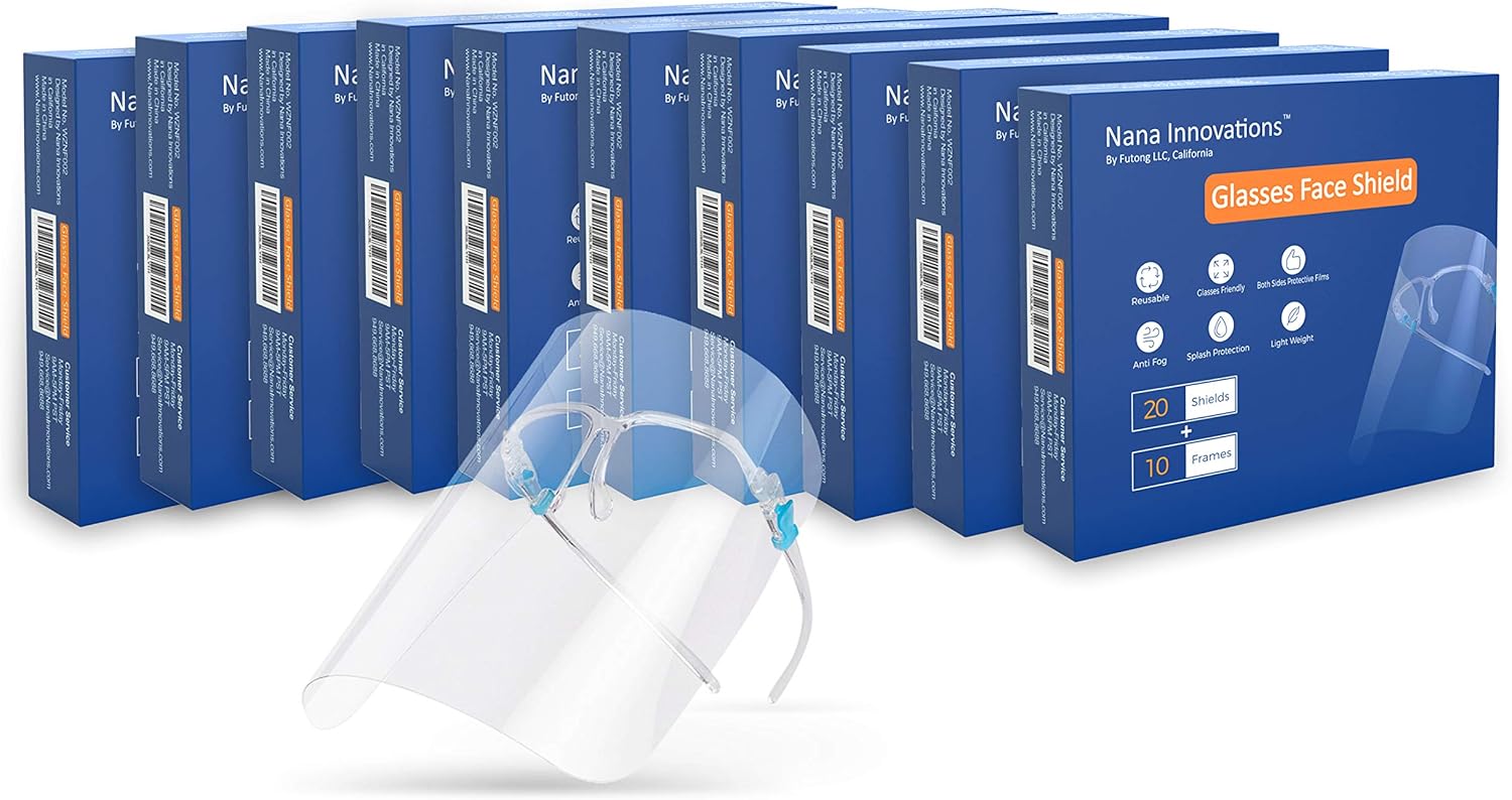 Nana Innovations 200 Shields+100 Frames Premium Glasses Face Shield Anti Fog Reusable safety protection Goggle Visor Cleanable Wholesale Bulk B2B Case (10 Boxes of 20 Shields+10 Frames Pack) Nana Innovations 200 Shields+100 Frames Premium Glasses Face Shield Anti Fog Reusable safety protection Goggle Visor Cleanable Wholesale Bulk B2B Case (10 Boxes of 20 Shields+10 Frames Pack)