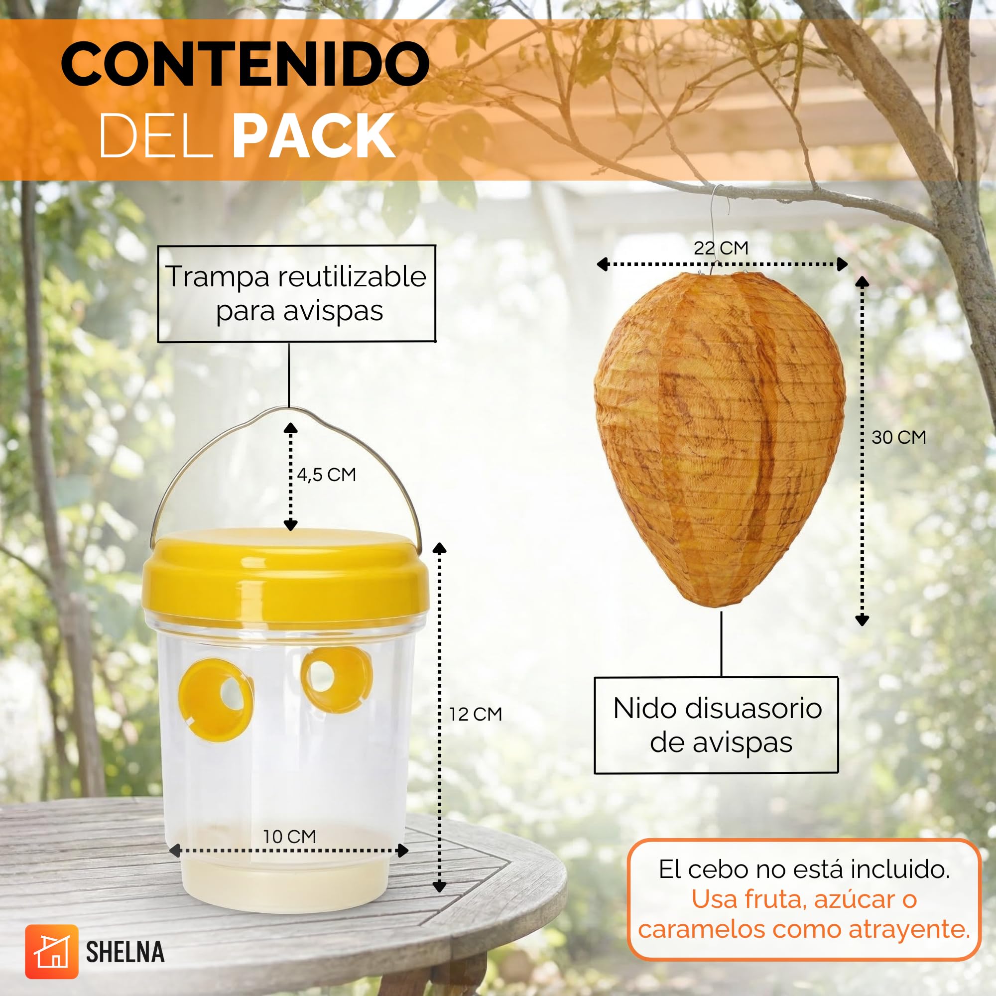 SHELNA Trampa Avispas Exterior, Pack 2, Incluye Nido Repelente + Trampa para Avispas, Reutilizable y sin Químicos para Jardín, Terraza, Piscina, Barbacoas, Colmenas de Abejas y Anti Avispas Exterior