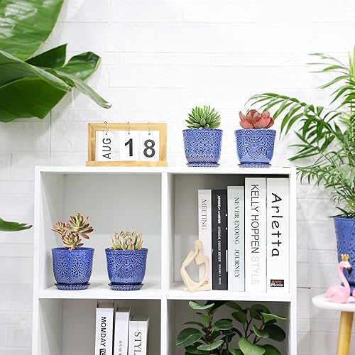 Miniatura 4 de Gepege Succulent Pots, 4 Inch Small Indoor Ceramic Planter Pot with Drainage Holes and Saucers for Plants- Blue - Set of 4 Azul