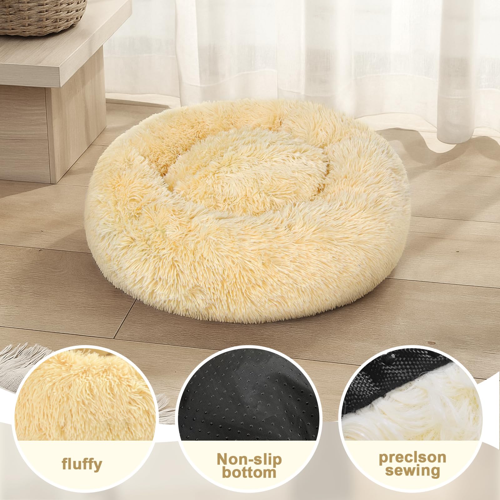 MDDK DY Cuscino per Cani, Cuccia Cane Interno Morbida Rotonda, Cuccia gatto Lavabile e soffice, Base Antiscivolo e Anti-ansia, lettino per cani 50 cm Beige Chiaro