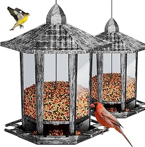 Birdream 2 Pack Bird Feeders for Outdoor, Retro Pagoda Design Fun Installation Bird Feeder, Attracting Wild Birds Chickadees Goldfinches Cardinals Finches and Sparrows - Retro Silver asin的图片
