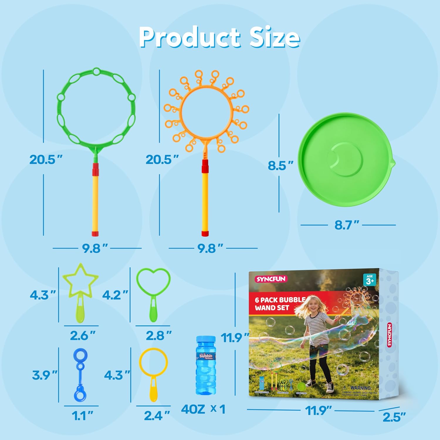 SYNCFUN Giant Bubble Wands Set Bulk with Bubble Solution for Kids Summer Outdoor Toy Game Activity Party Favors, 8 Pcs Giant Bubble Maker with Tray, 20.5" Large Wand Set for Boys Girls Kids