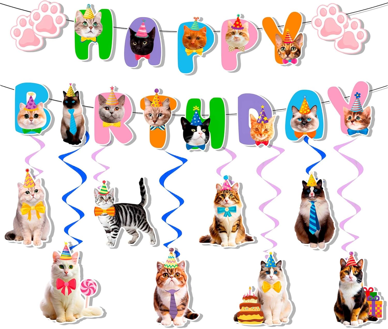 9 Pcs Cat Birthday Party Decorations, Cat Happy Birthday Banners Kitty Party Hanging Swirl for Kitty Party Supplies