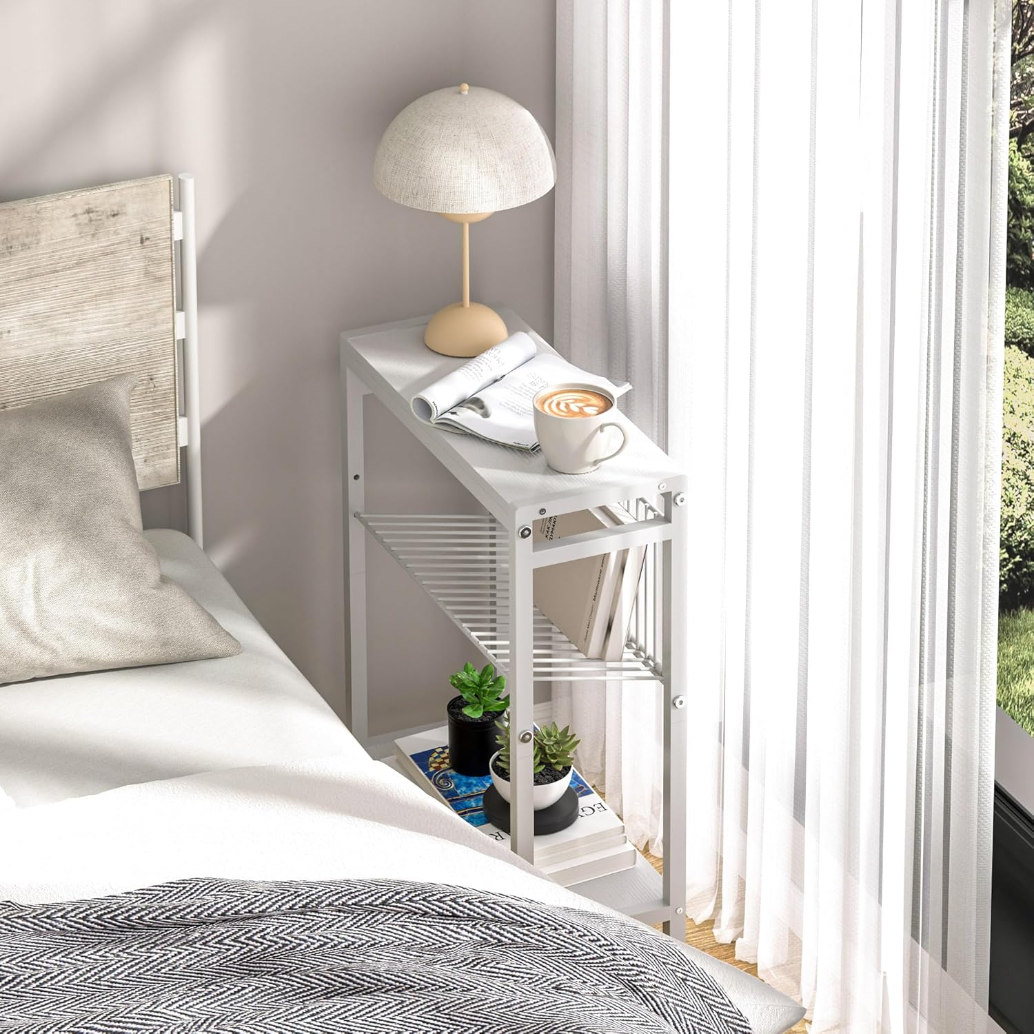 End Table for Small Space, 3-Tier Narrow Side Table with Magazine Holder,Small Nightstand, Skinny Snack Couch Table in Living Room, Bedroom Study and Balcony (White)