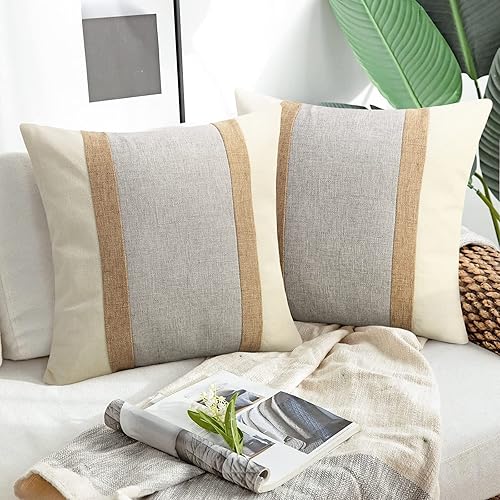 Pyonic Paquete de 2 fundas de almohada bohemias decorativas cuadradas para sofá, sala de estar, decoración al aire libre, color marrón crema y gris,