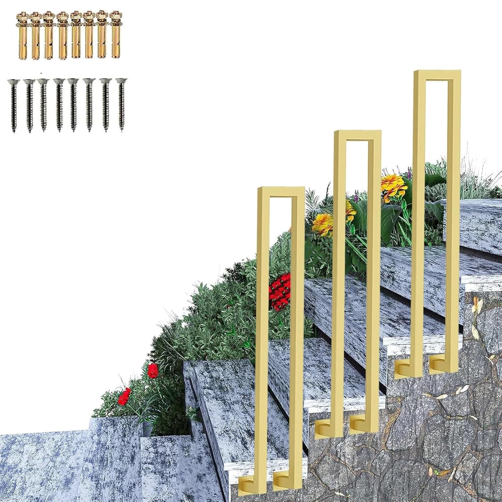 Zyntho Gold Side Mounted Stairs Railings, U-Shaped Staircase Handrail Guardrail, 35-100Cm Hand Rails For Outdoor Steps, For Home Villa Entrance Indoor Outdoor Anti-Skid Railing(65Cm/2.1Ft)