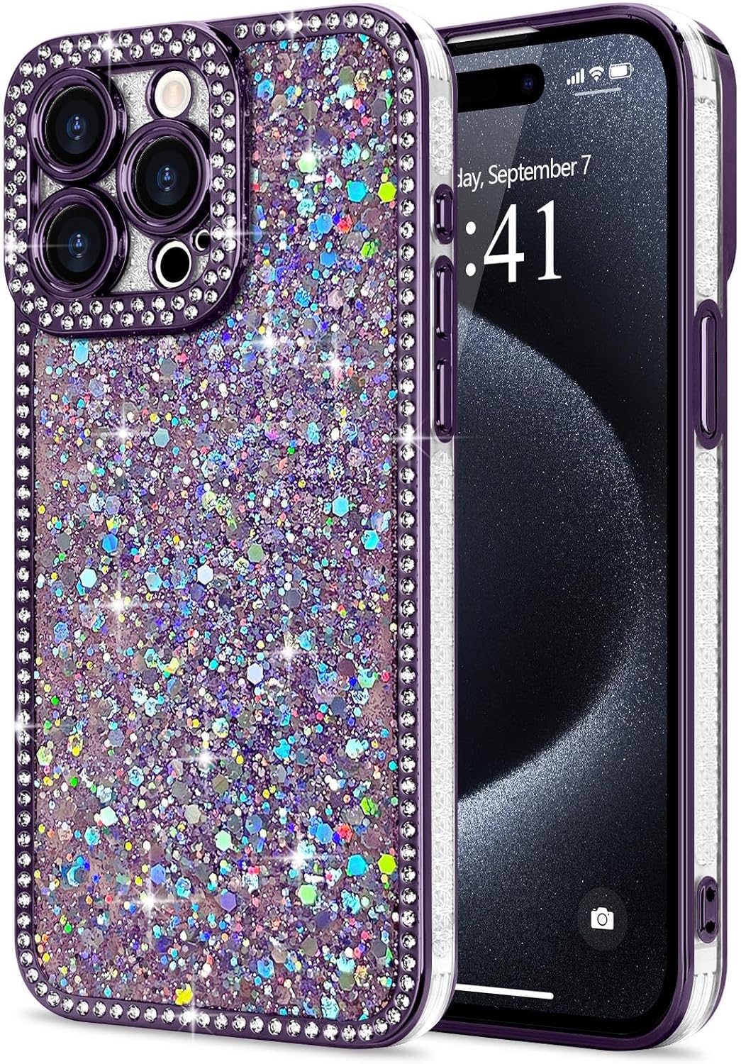 Lafunda for iPhone 15 Pro Case Glitter, Luxury Shiny Bling Sparkly Bumper Cover with Crystal Diamonds for Women Girls Soft TPU Slim Shockproof Protective Phone Case for iPhone 15 Pro 6.1", Purple