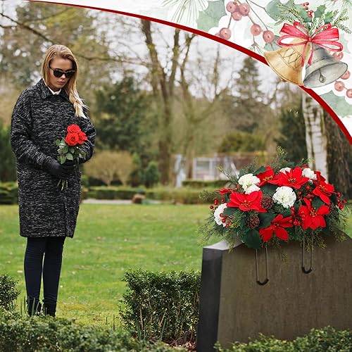 Miniatura 4 de Craftsatin Decoraciones de cementerio para tumbas, lápida, sillín de cementerio artificial, flor de pascua roja, lápida conmemorativa al aire libre,