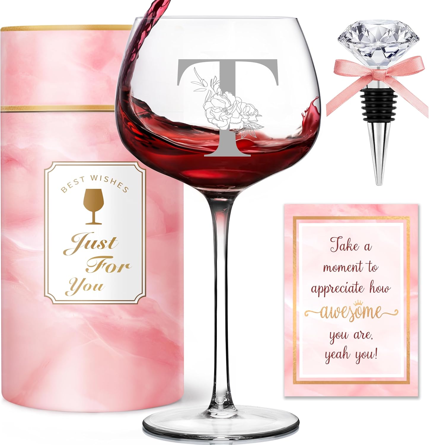 Personalized Gifts for Women - Monogrammed A-Z Wine Glass Customized Gifts, Unique Birthday Gifts for Women, Christmas Basket Gift for Her, Mom, Wife, Sister, Friend, Nurse(T)