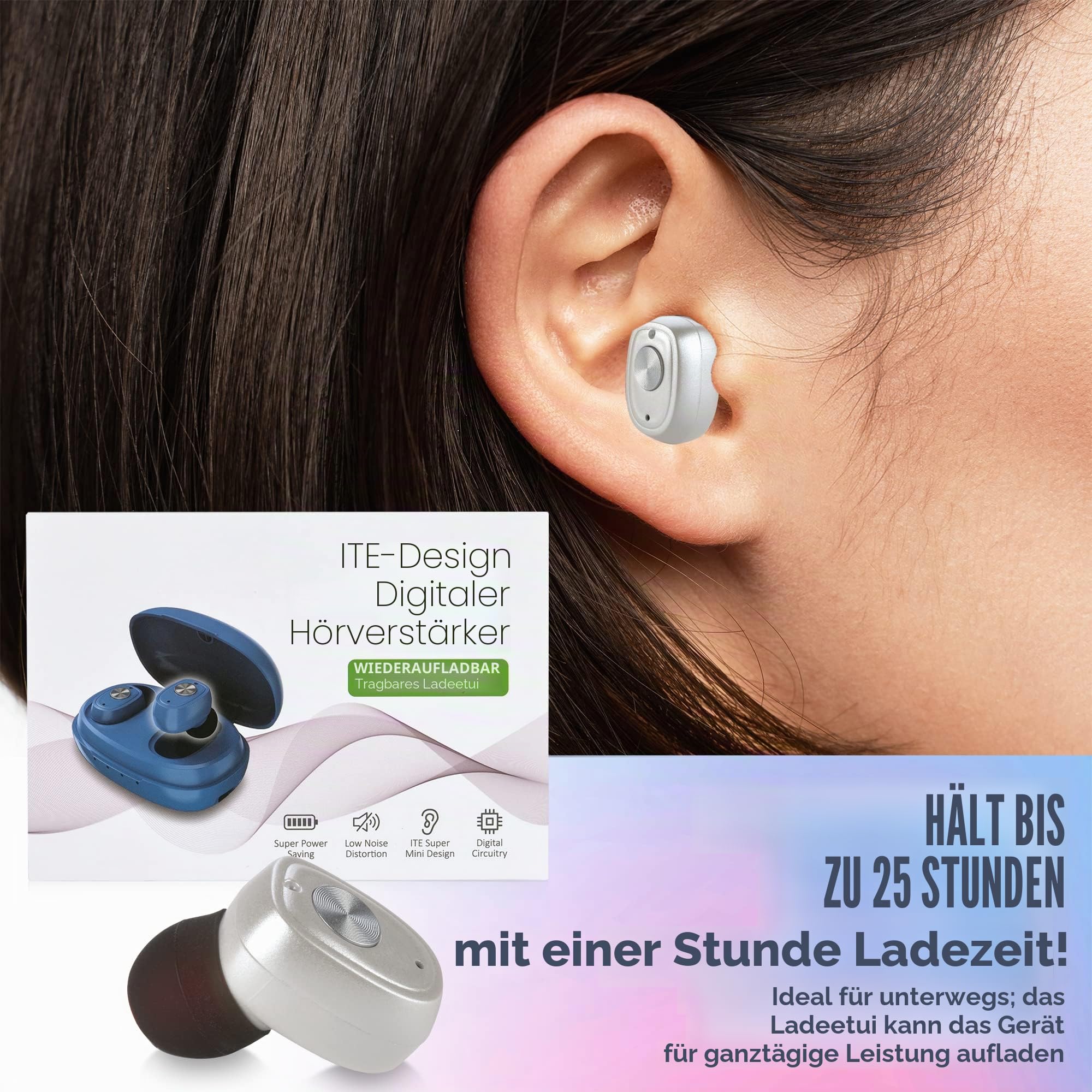 Wiederaufladbares Paar mit Geräuschunterdrückung, digitales Gerät für Senioren und Erwachsene – ITC Nano Personal – One Touch Control & Low Distortion Assist Device, Weiß