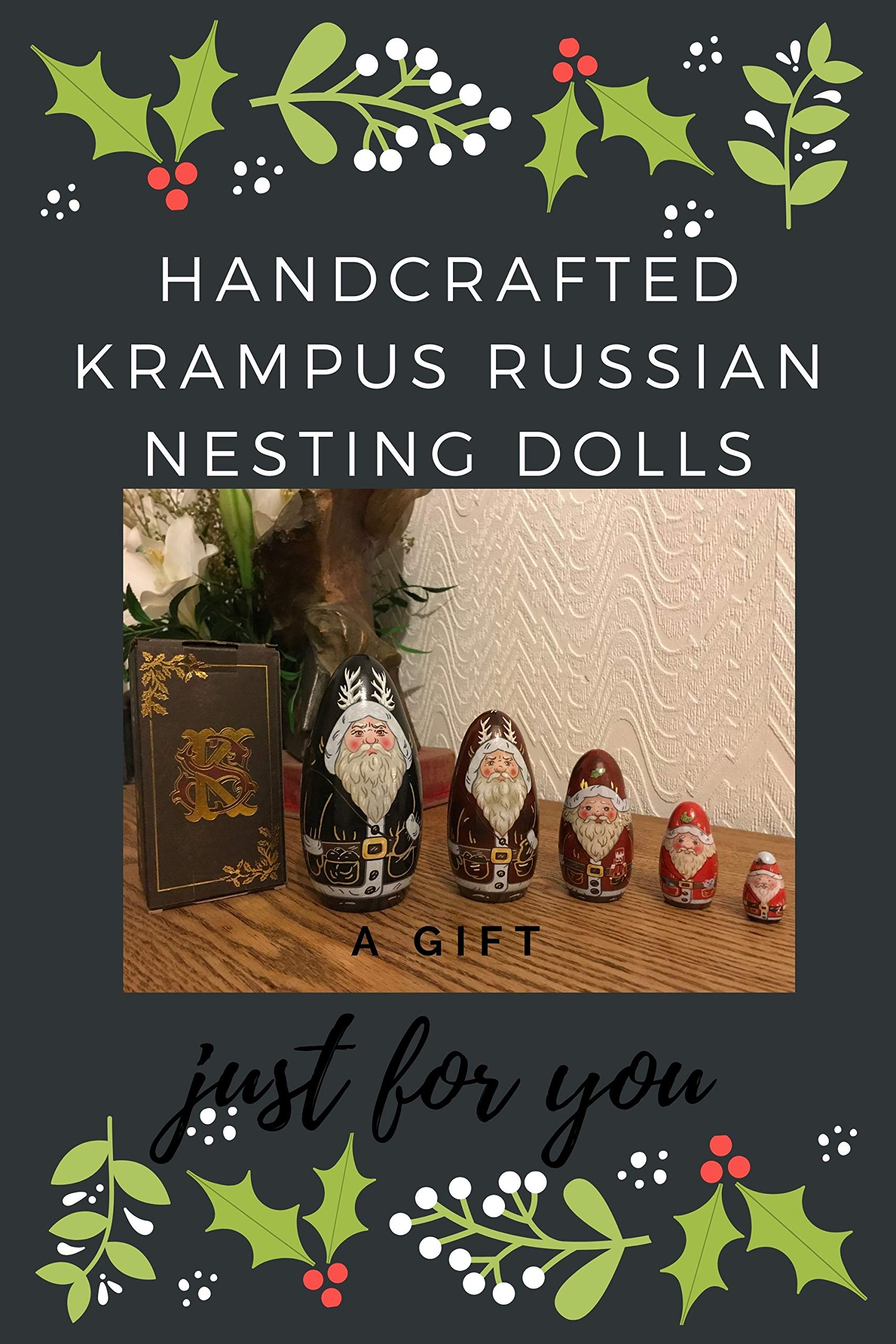 Traditionelles großes handgefertigtes Holzspielzeug für Weihnachten, Babuschka, Matroschka, Krampus, gruselige Krippe, Weihnachtsmann, 5-teiliges russisches Niststapel-Set