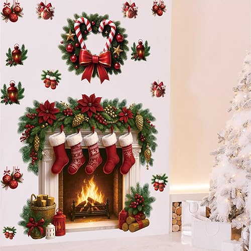 Miniatura 6 de Calcomanías de pared grandes para chimenea, calcomanía 3D de pared de Feliz Navidad, calcomanías de dibujos animados de Papá Noel para colgar en la