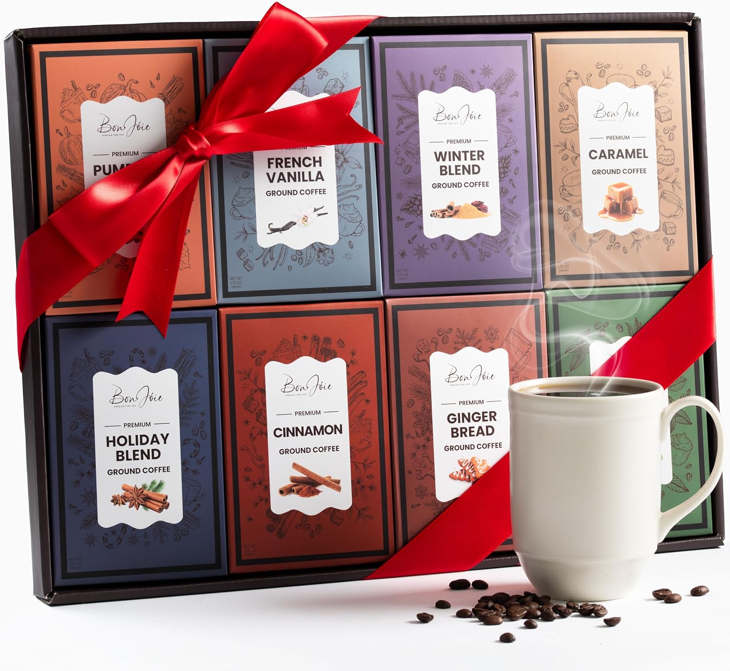 Coffee Gifts Set For Coffee Lovers - Coffee Sampler Gift Set For Women And Men - Ground Coffee Gift Basket For Christmas - Pack Of 8 Holiday Flavored Coffee - Unique Christmas Gifts For Men And Women