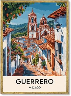 Guerrero Mexico Poster, Canvas Print Art Print, Rustic Wall Art, Pictures, Stunning Painting, Wall Decoration for Living Room, Apartment, Mexican Village Home Decor (Gold Framed,16L X24W)
