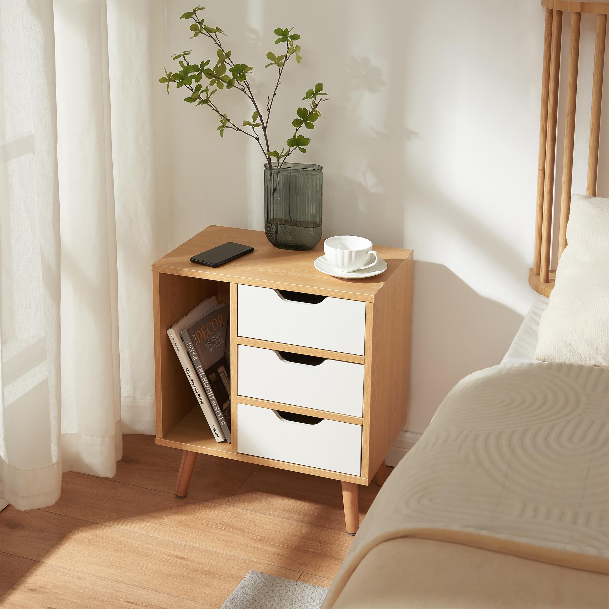 [en.casa] Comodino a 3 Cassetti e Scomparto Aperto Tavolino Basso Laterale Mobiletto Contenitore per Camera da Letto Soggiorno Ingresso 55 x 48 x 30 cm - Effetto Rovere/Bianco