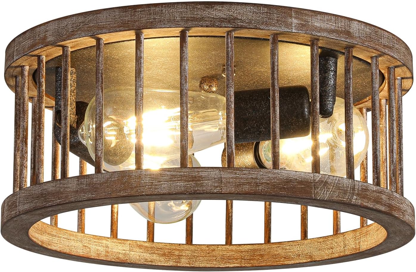Farmhouse Flush Mount Ceiling Light, 12.6 Inch 3-Light Metal and Wood Close to Ceiling Light Fixture, Rustic Drum Semi Ceiling Light for Kitchen, Hallway, Dining Room
