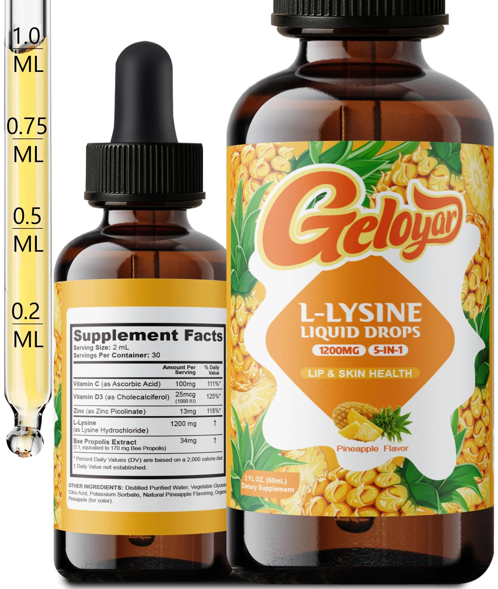 L-Lysine Liquid Drops supplement with Vitamin C, D3, Zinc & Bee Propolis
