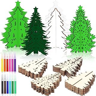 Blosssound 48 Pcs Christmas Craft Set 36 Pcs 3D Wood Tree Cutouts Wooden Unfinished Tree Slices to Paint with 12 Colored Markers for Winter Xmas Xmas DIY Handmade Projects Tiered Tray Decor