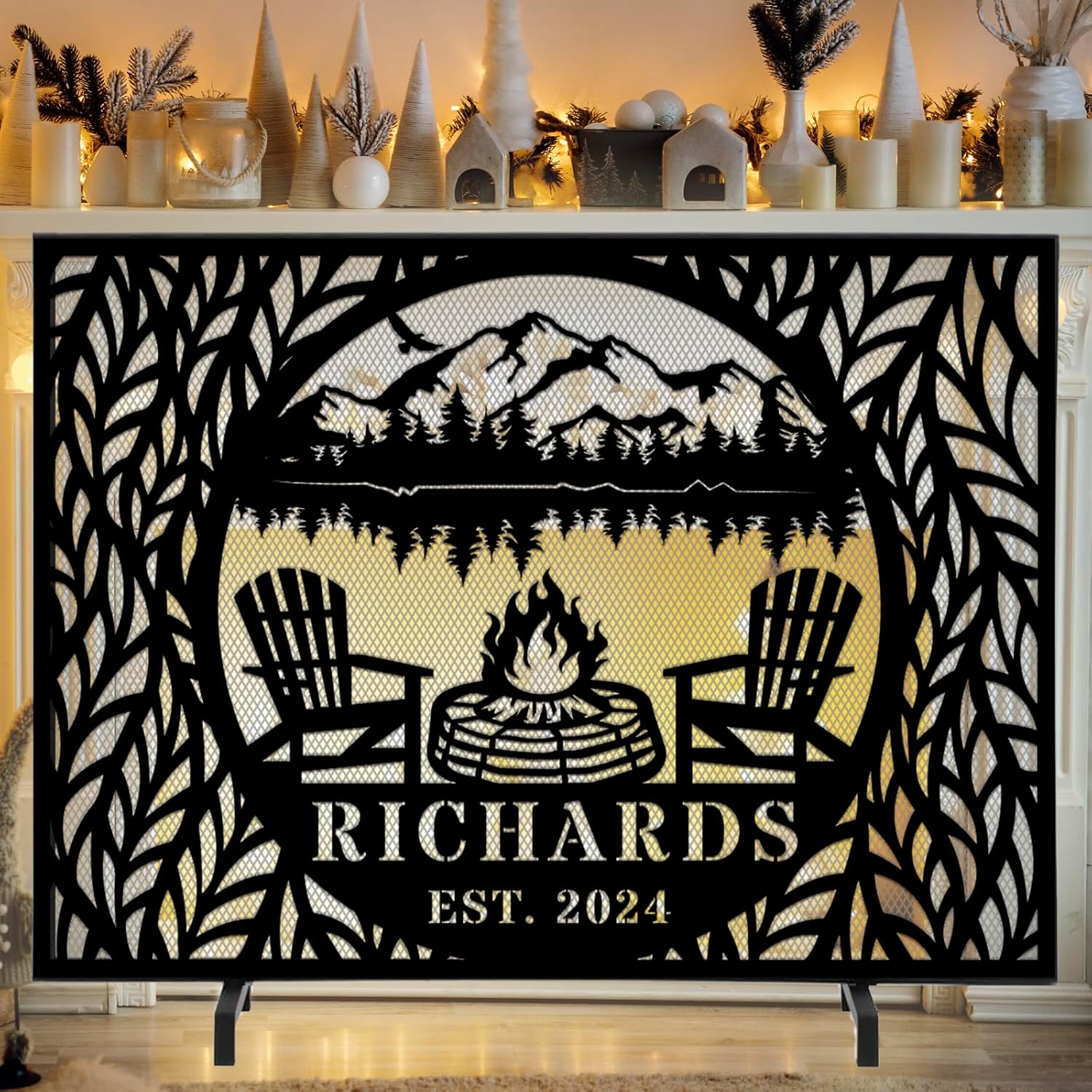 Custom 38.6" W X31 H Fireplace Screen, Personalized Monogram Fireplace Screen, Stand Alone Metal Gate for Home, Custom Sizes to Fit Your Fireplace, Decorative Mesh Fire Place Fence