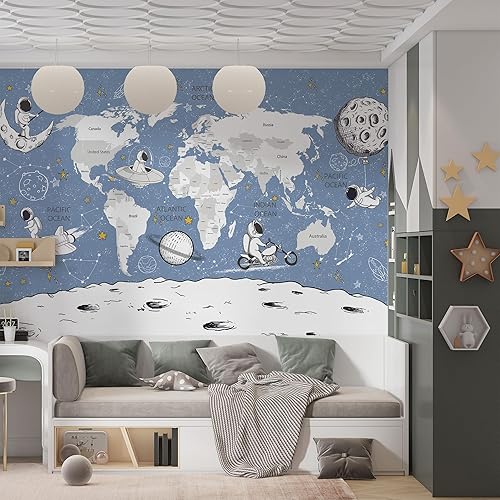 Vista 165 de Papel tapiz para habitación de niños, mapa del mundo con países, papel tapiz para guardería de animales pelar y pegar, murales de pared para niños