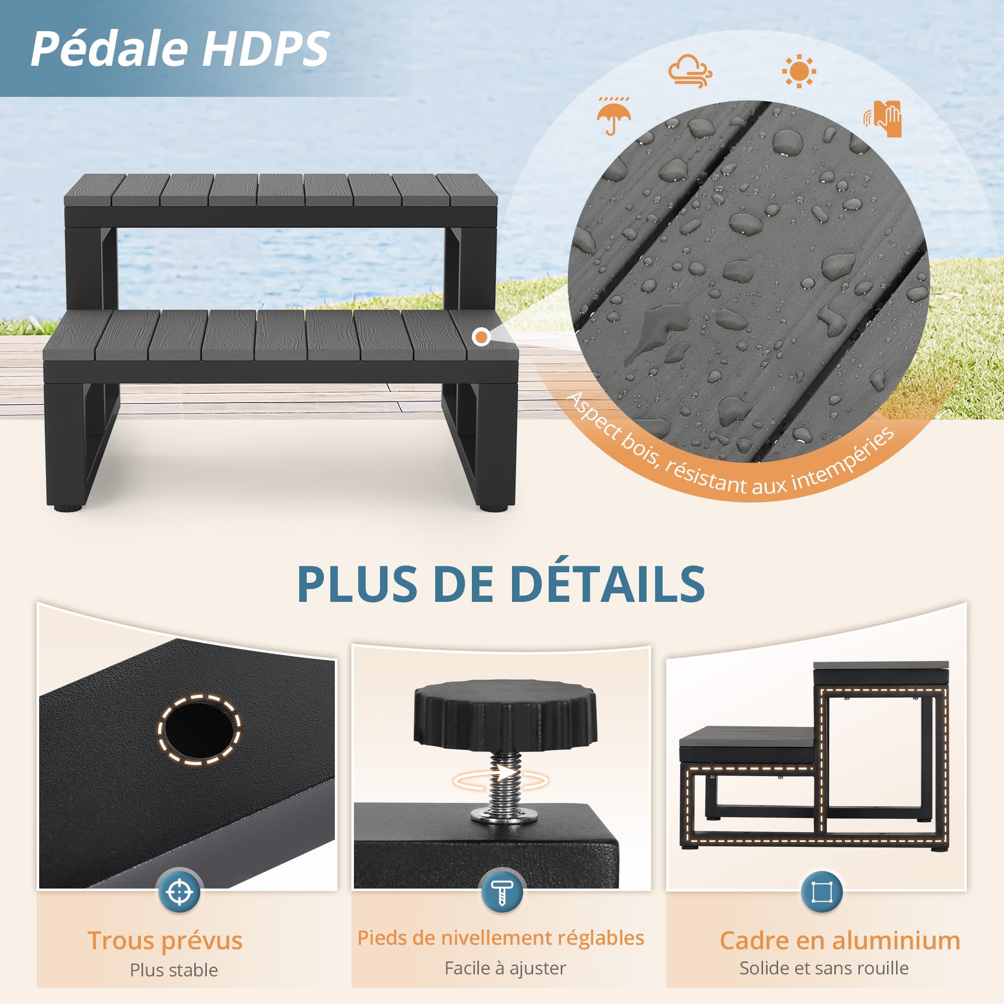 LUE BONA Escalier Spa 2 Marches, Marchepied Antidérapant pour Jacuzzi & Piscine, HDPS, Aluminium, 60 x 53 x 38 cm, Gris Foncé