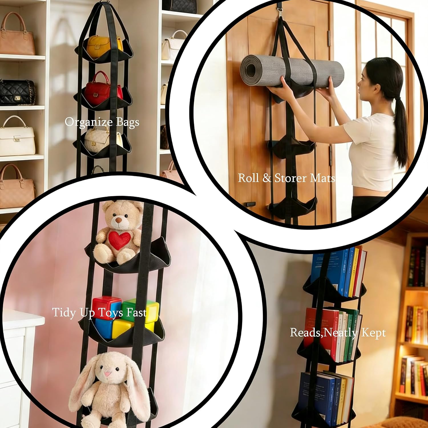 BOXIN 5-Tier Hanging Ball Storage Organizer with Hook for All Sports Balls, Sports Equipment Organizer Holder Toy Organizers, Vertical Hanging Storage,Space-Saving,Home Gym Decor,Yoga Mat Holder