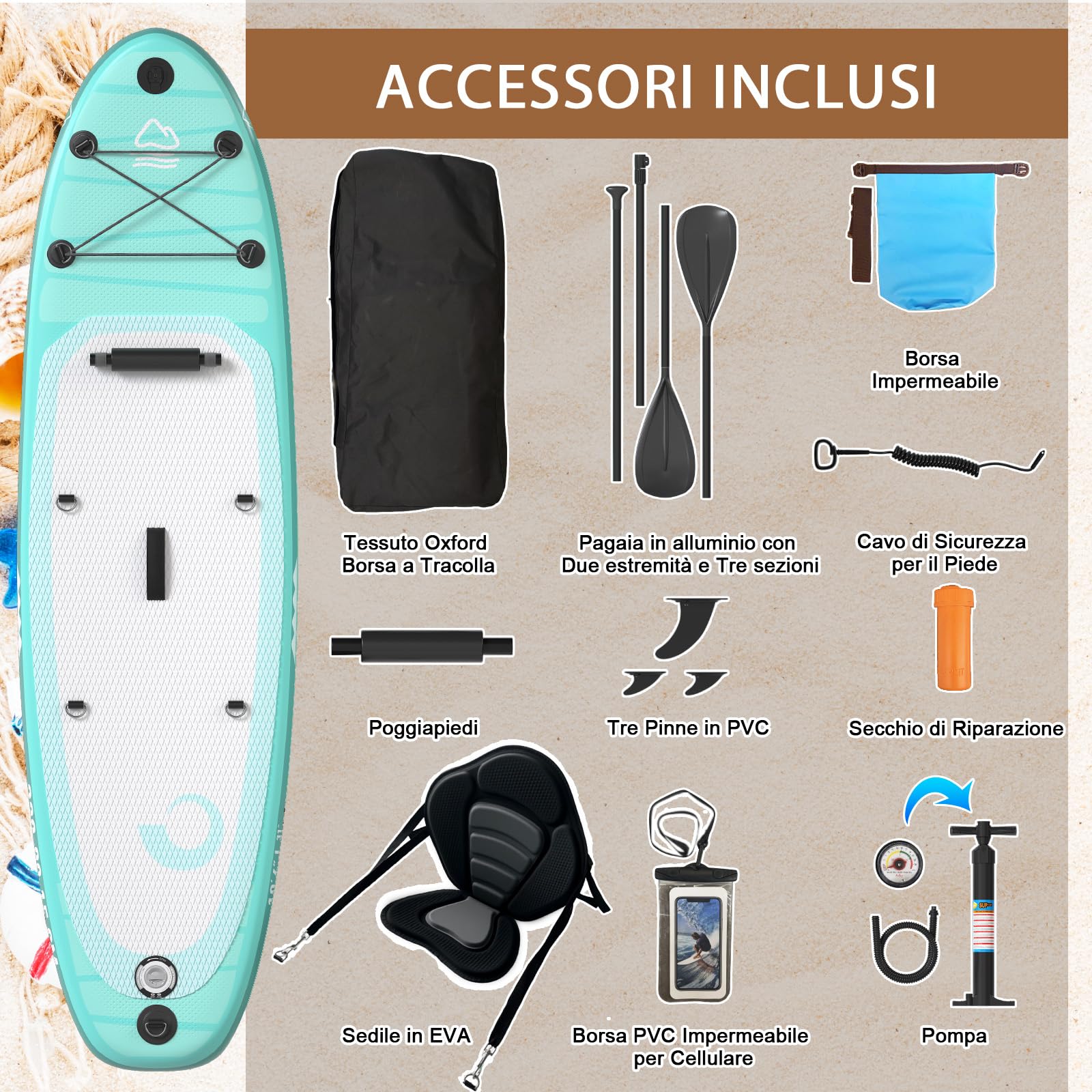 JUMMICO Tavola Sup Gonfiabile, Stand Up Paddling Board, 320 x 80 x 15 cm, Pagaia Stand Up 2-in-1 con Sella Kayak, Pagaia Regolabile e Accessori, Portata 160kg, Ideale per Surf, Pesca e Yoga