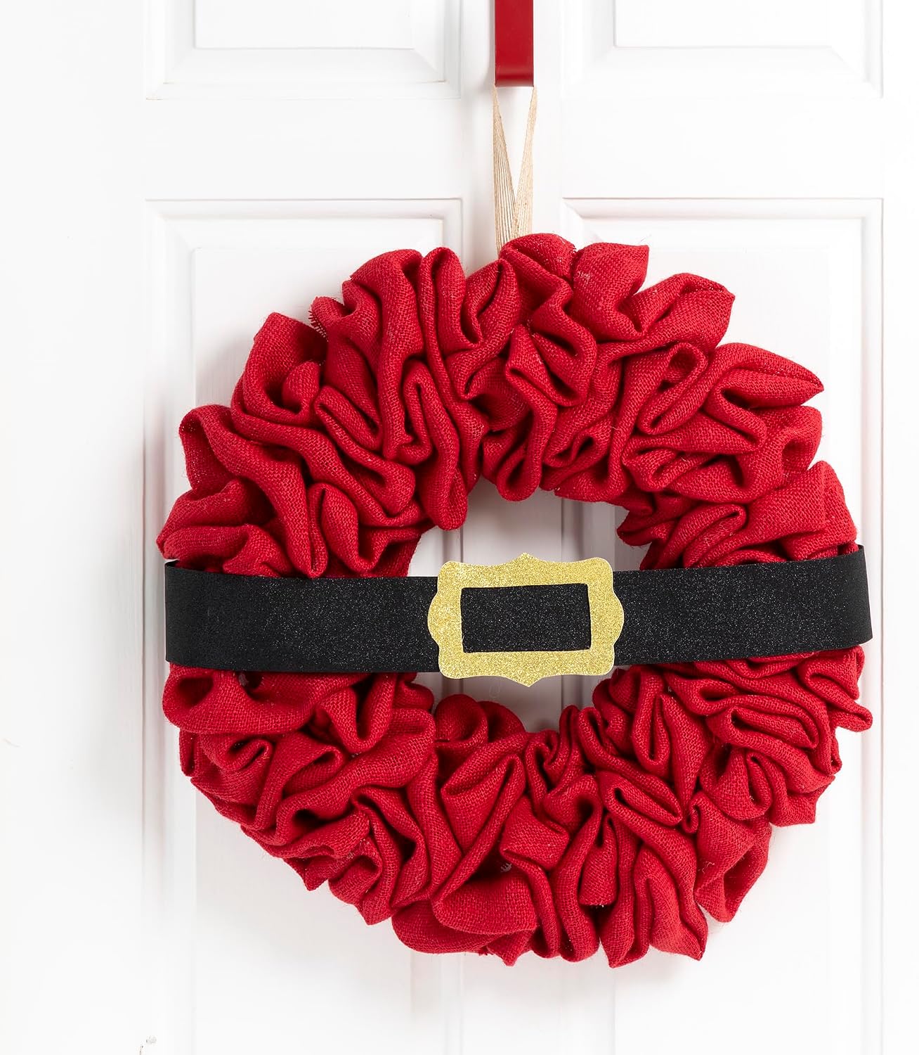 Glitzhome Christmas with Belt Fabric Wreath Front Door Hanging Welcome Decoration, Red, 18" D
