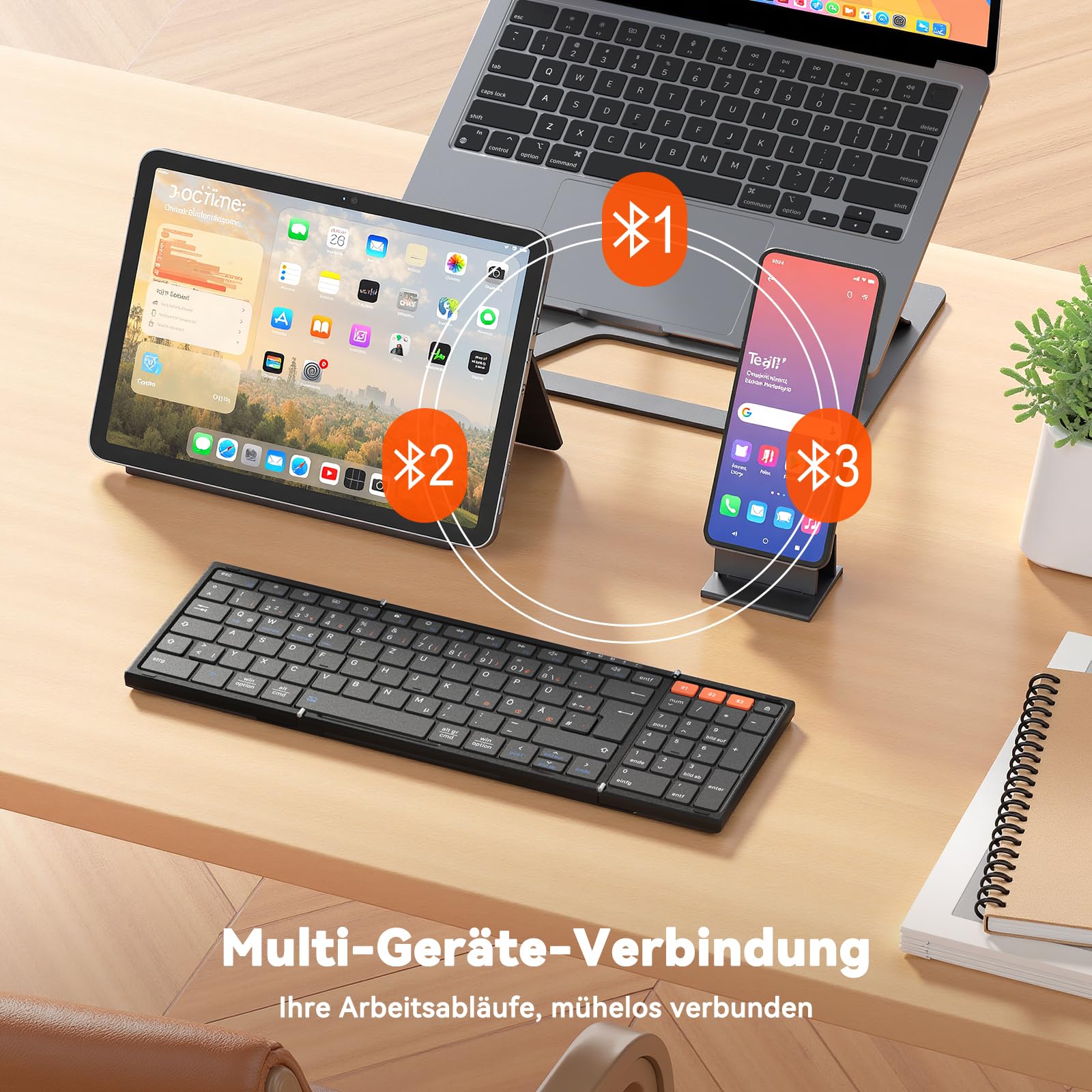 MEETION Faltbare Bluetooth-Tastatur mit Touchpad, QWERTZ, Kabellos | Tragbare, wiederaufladbare Tastatur mit Ziffernblock, kompatibel mit iPad, Windows, Mac, Android, iOS und Laptops