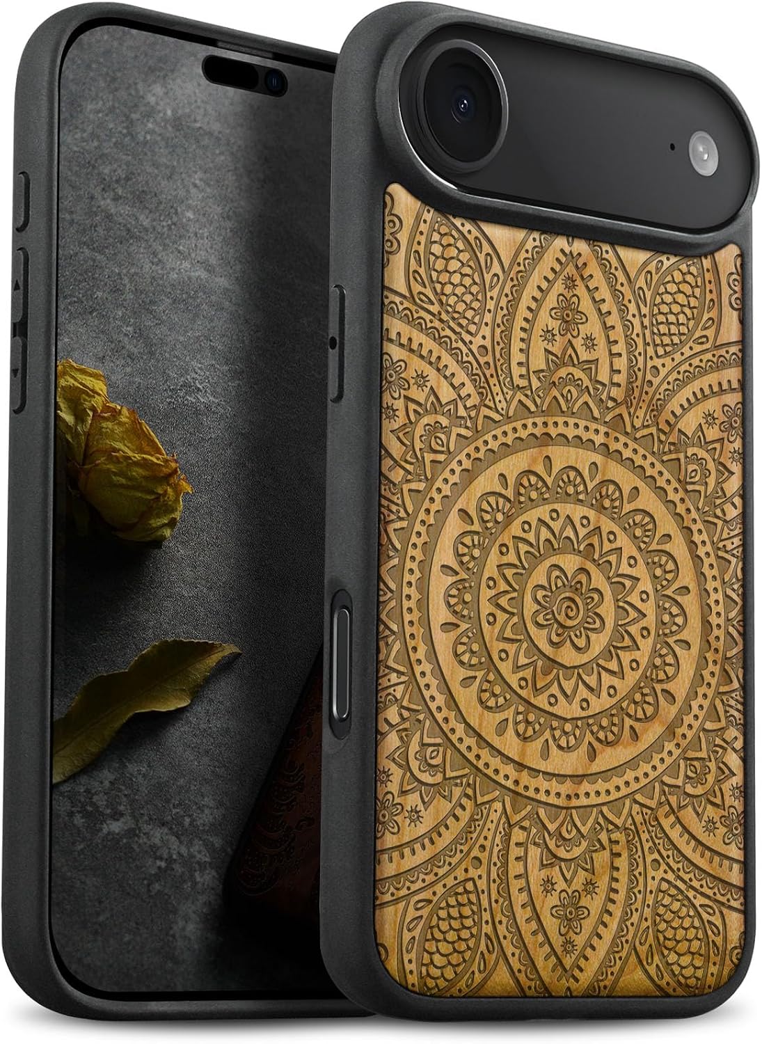 Carveit Magnetic Wooden Case for iPhone Air Case, Wood Artisan Engraved & Soft TPU Shockproof Cover, Compatible with MagSafe 17 Air Wireless Chargers (The Indian Floral Mandala) Walnut