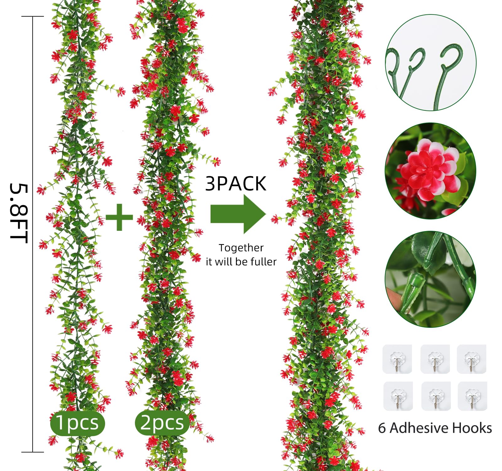 3 Pack Artificial Spring Eucalyptus Garland Faux Hanging Eucalyptus Plants with Flowers Spring Fake Greenery Vines Garland for Spring Thanksgiving Home Wedding Mantle Wall Decor(Red)