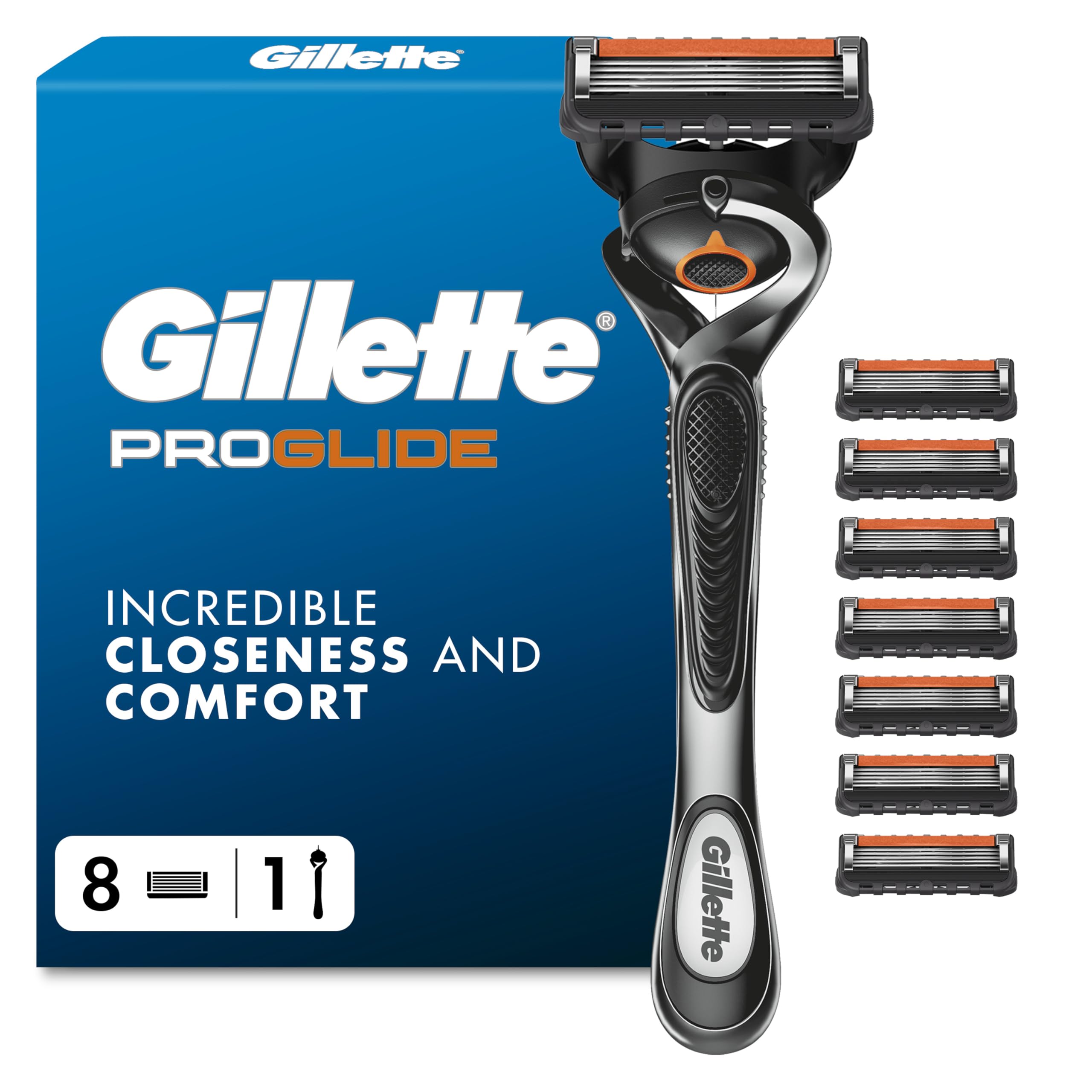 Gillette ProGlide Men’s Razor, 8 Blade Refills, 5 Anti-Friction Blades, FlexBall Technology, Precision Trimmer, Long Lasting Close Shave, Enhanced Lubrastrip, Facial Hair Styling
