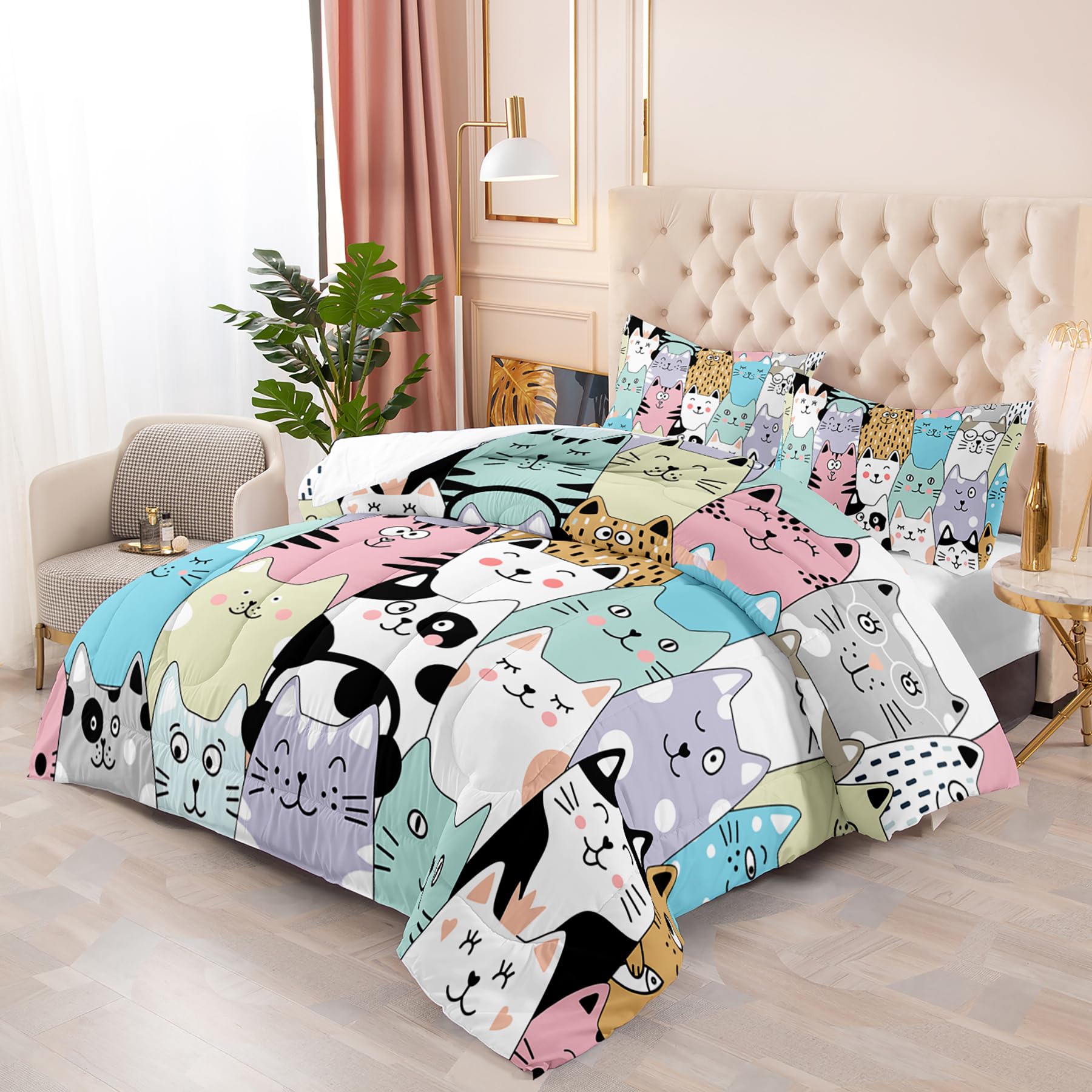 Cute Cat Set Biancheria Da Letto Twin Per Ragazze: 3 Pezzi Con Trapunta E Federe, Morbida Microfibra, Tema Gatto Nero